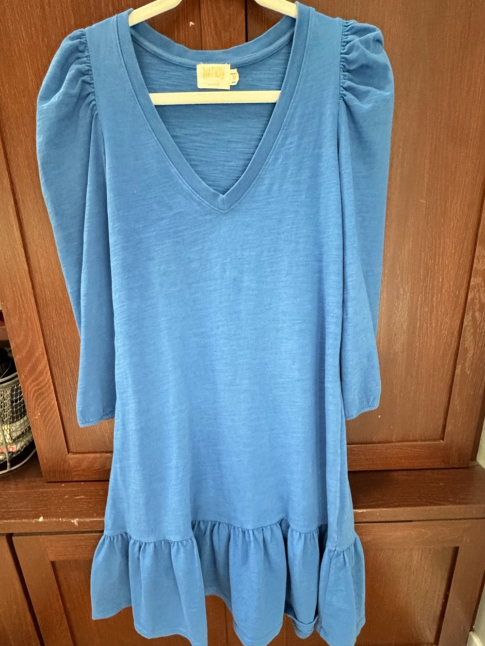Nation LTD Blue V-Neck puff sleeeve Ruffle-Hem Mini dress size M